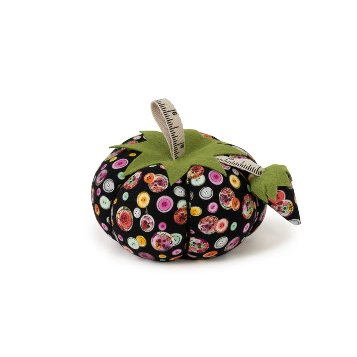 4" Tomato Pin Cushion, Black Button Print