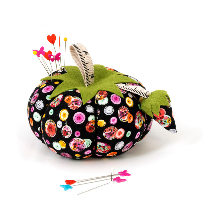 4" Tomato Pin Cushion, Black Button Print