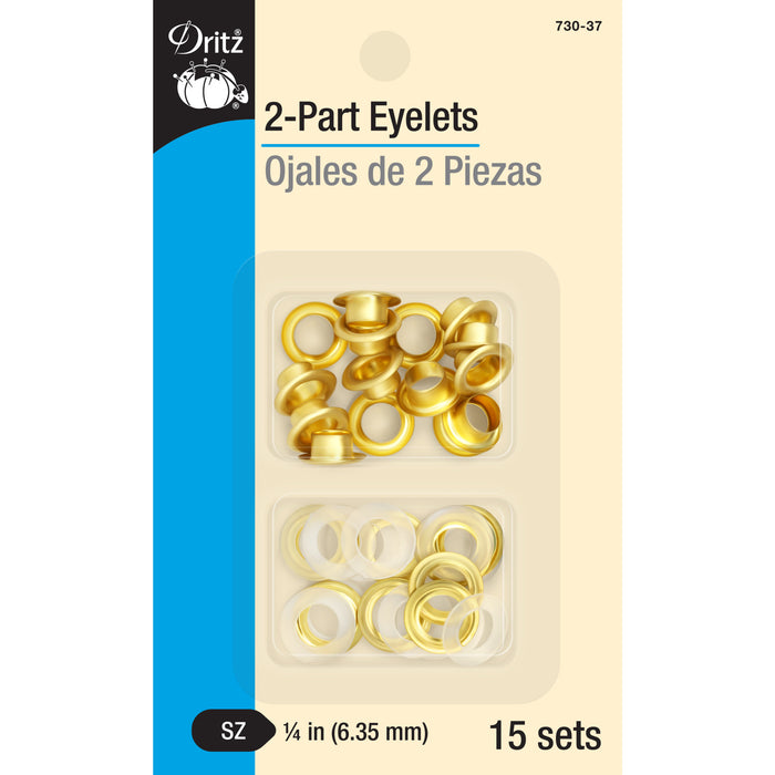 1/4" 2-Part Eyelets, 15 Sets, Matte Gold