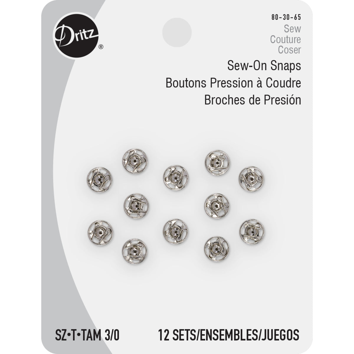 Dritz Sew-On Snaps, 36 Sets, Assorted Sizes, Nickel