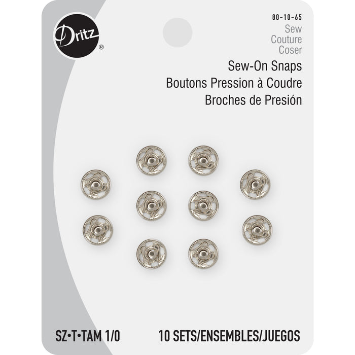 Sew-On Snaps, 10 Sets, Size 1/0, Nickel