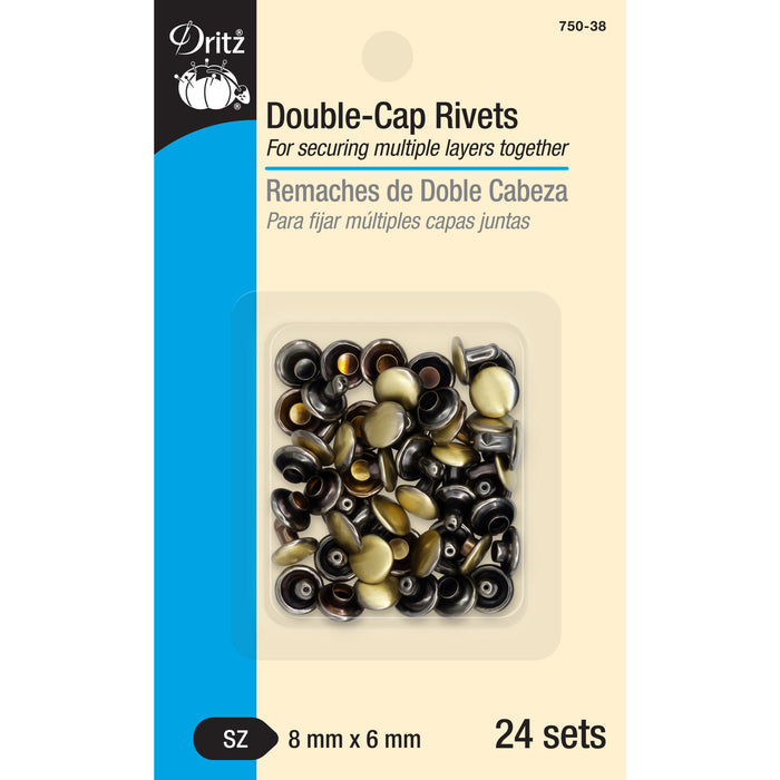 Double-Cap Rivets, 24 Sets, Brushed Brass