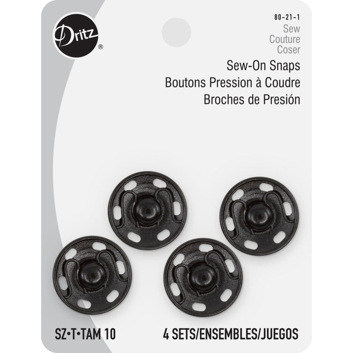 Sew-On Snaps, 4 Sets, Size 10, Black