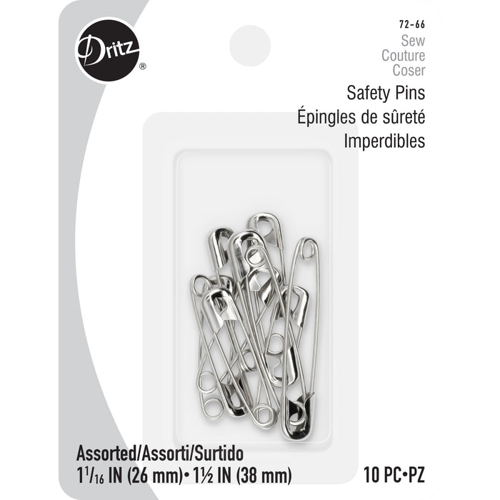 Safety Pins, Assorted Sizes, Nickel, 10 pc