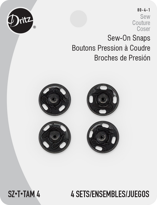 Sew-On Snaps, 4 Sets, Size 4, Black