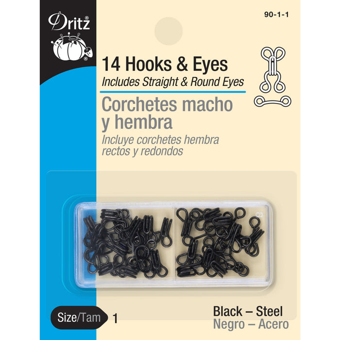 Hooks & Eyes, 14 pc, Black, Size 1