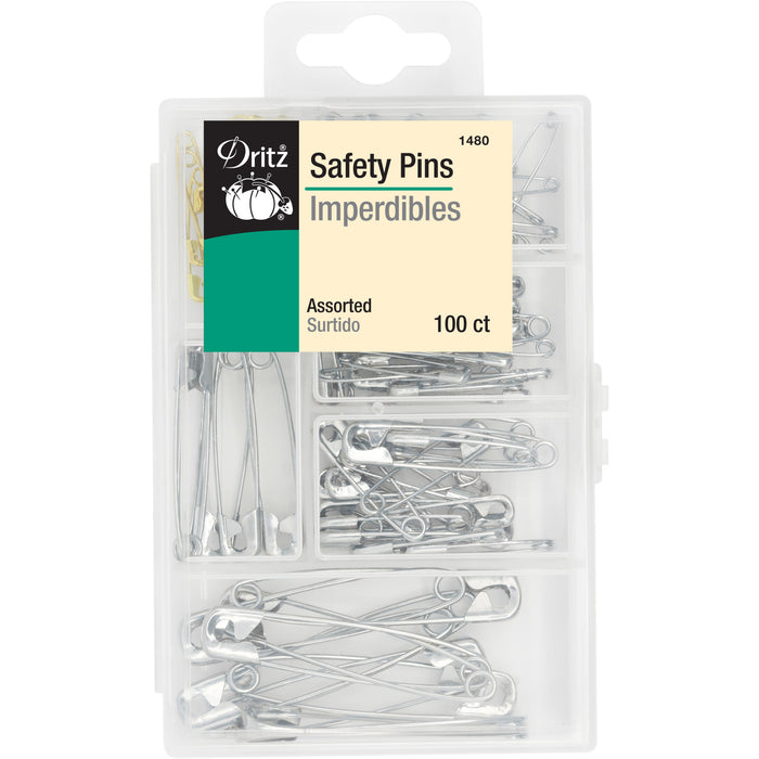 Safety Pins & Storage Box, Assorted Sizes, 100 pc