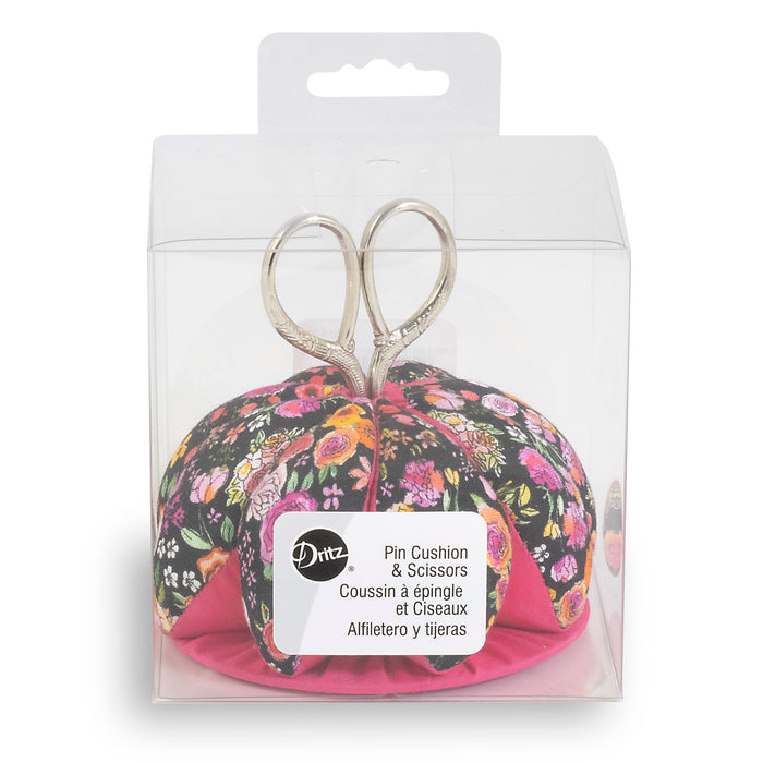 Pin Cushion with Scissors, Black Floral