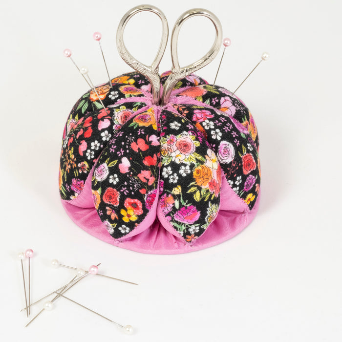 Pin Cushion with Scissors, Black Floral