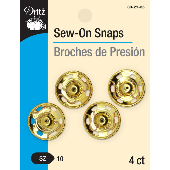 Sew-On Snaps, 4 Sets, Size 10, Gold