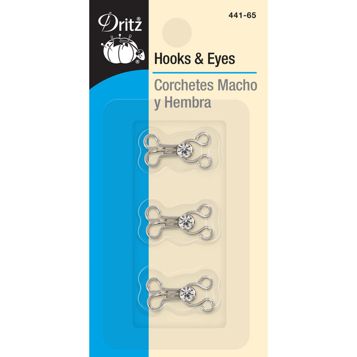 Hooks & Eyes with Rhinestones, 3 Sets, Nickel