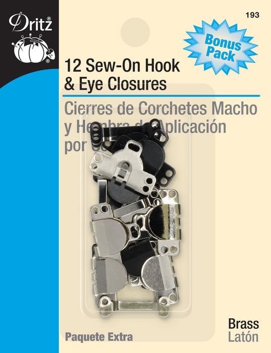 Sew-On Hook & Eye Closures, 12 Sets, Black & Nickel